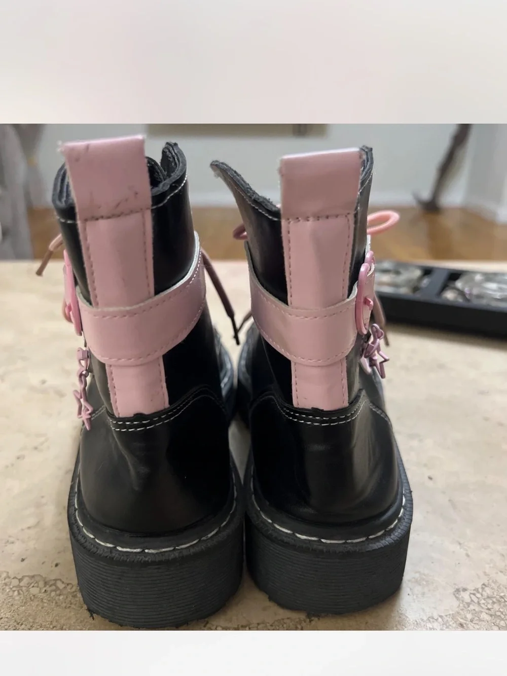 Black Combat Boots with Pink Laces